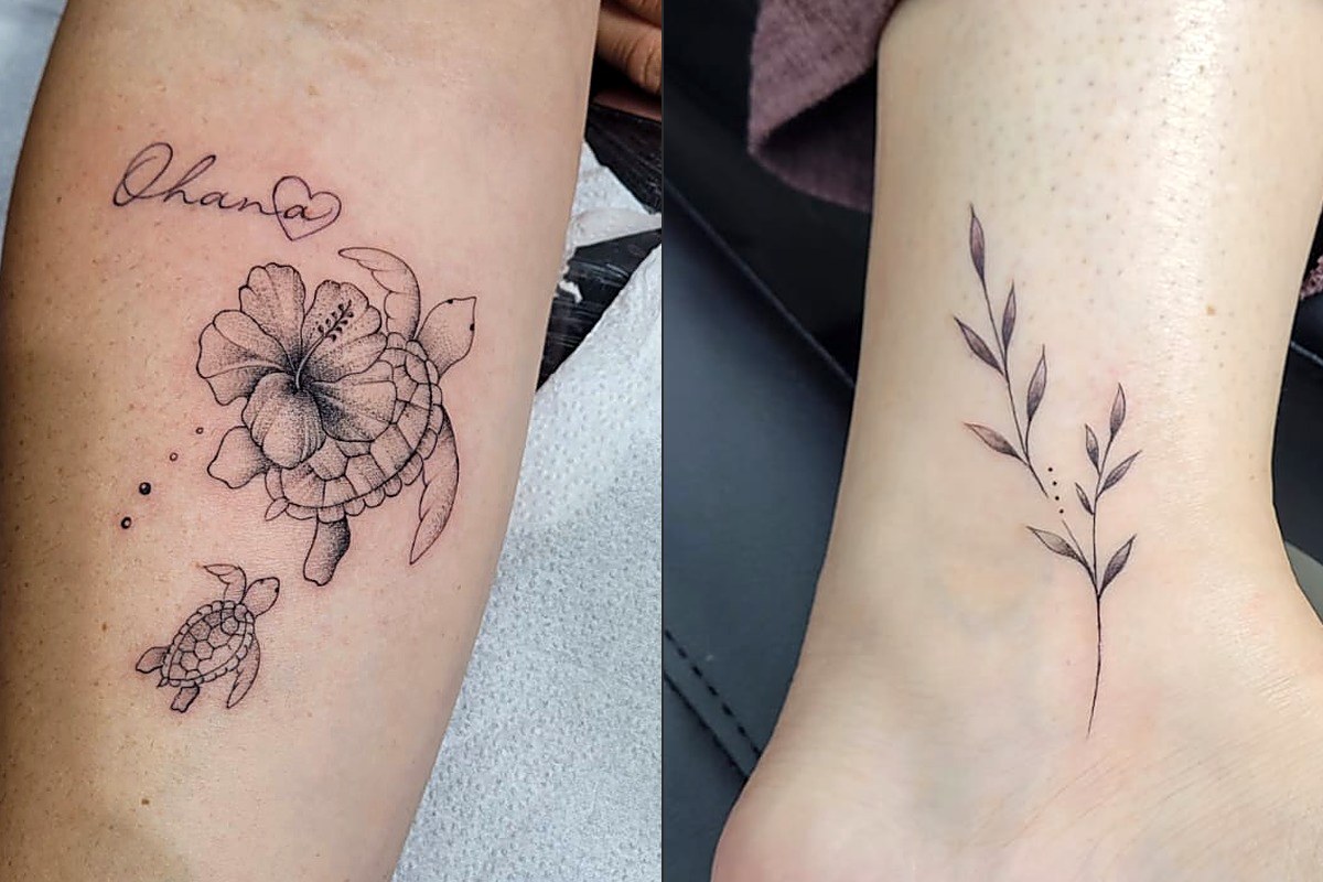 Fine line tattoos at Glamour Tattoo Studio, Grand Baie: a hibiscus with sea turtles and 'Ohana' script, and a botanical sprig on the ankle